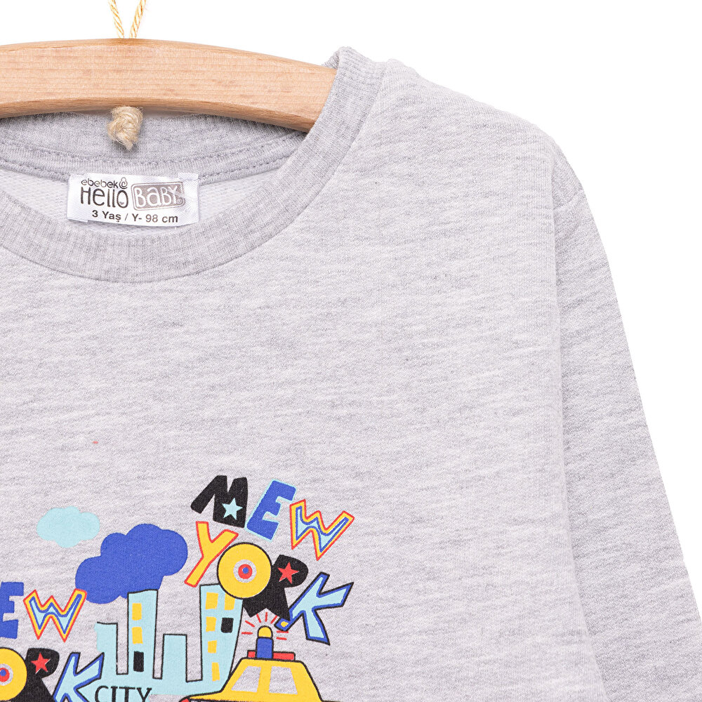 Erkek Bebek Sweatshirt Şardonlu Çıtçıtlı Araba Desen Bisiklet Yaka Uzun Kol Gri Melanj