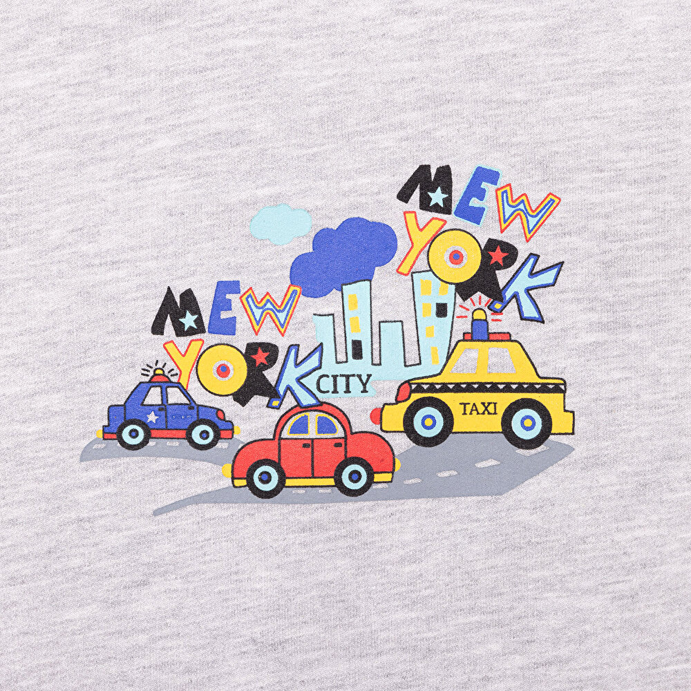 Erkek Bebek Sweatshirt Şardonlu Çıtçıtlı Araba Desen Bisiklet Yaka Uzun Kol Gri Melanj