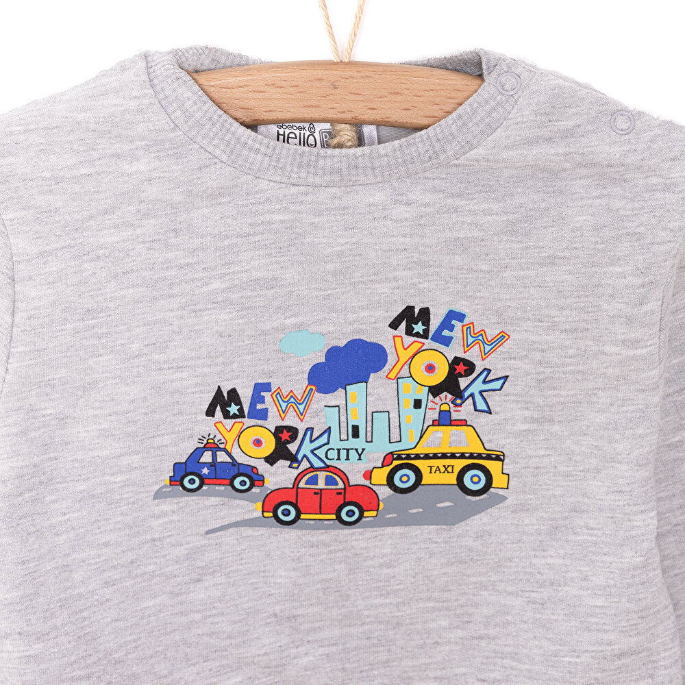 Erkek Bebek Sweatshirt Şardonlu Çıtçıtlı Araba Desen Bisiklet Yaka Uzun Kol Gri Melanj