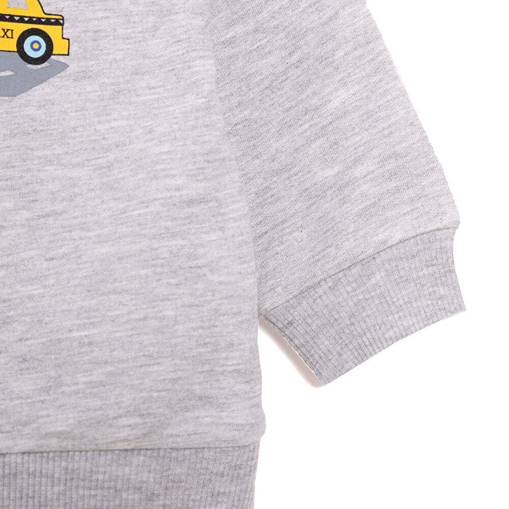 Erkek Bebek Sweatshirt Şardonlu Çıtçıtlı Araba Desen Bisiklet Yaka Uzun Kol Gri Melanj