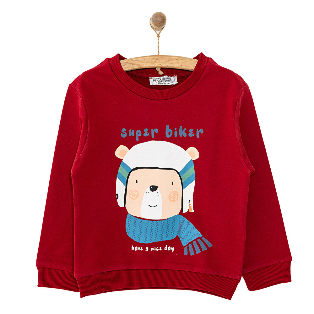 Erkek Bebek Sweatshirt Şardonlu Aslan Desenli Bisiklet Yaka Uzun Kol Bordo
