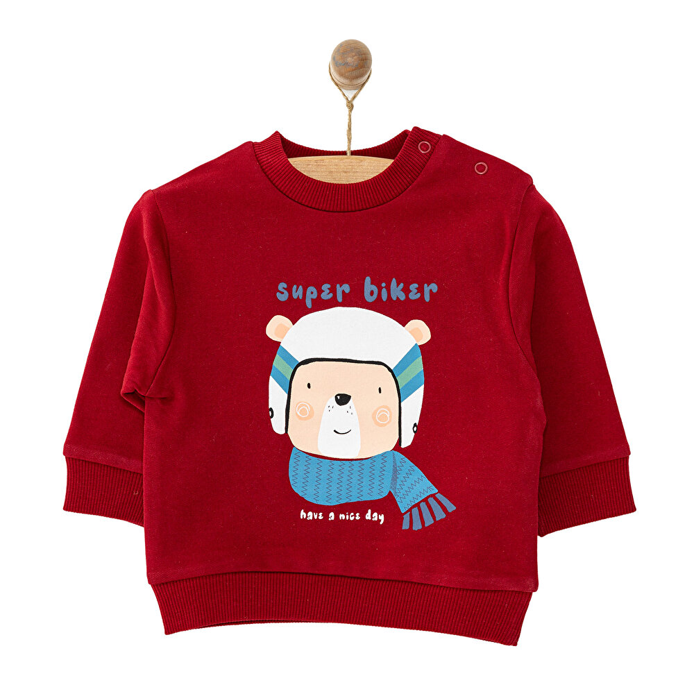 Erkek Bebek Sweatshirt Şardonlu Aslan Desenli Bisiklet Yaka Uzun Kol Bordo