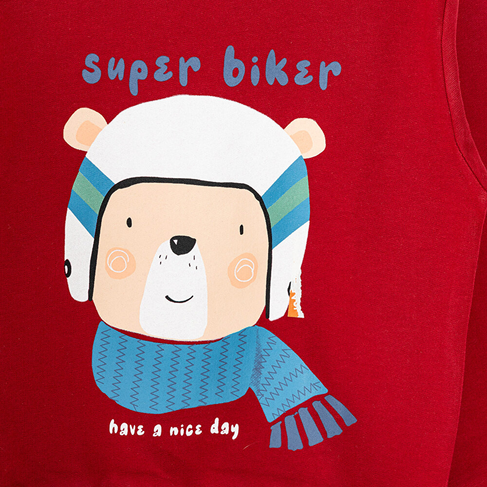 Erkek Bebek Sweatshirt Şardonlu Aslan Desenli Bisiklet Yaka Uzun Kol Bordo