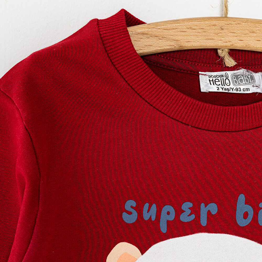 Erkek Bebek Sweatshirt Şardonlu Aslan Desenli Bisiklet Yaka Uzun Kol Bordo