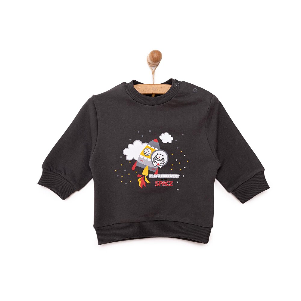 Erkek Bebek Sweatshirt Şardonlu Çıtçıtlı Bisiklet Yaka Uzun Kol Koyu Gri