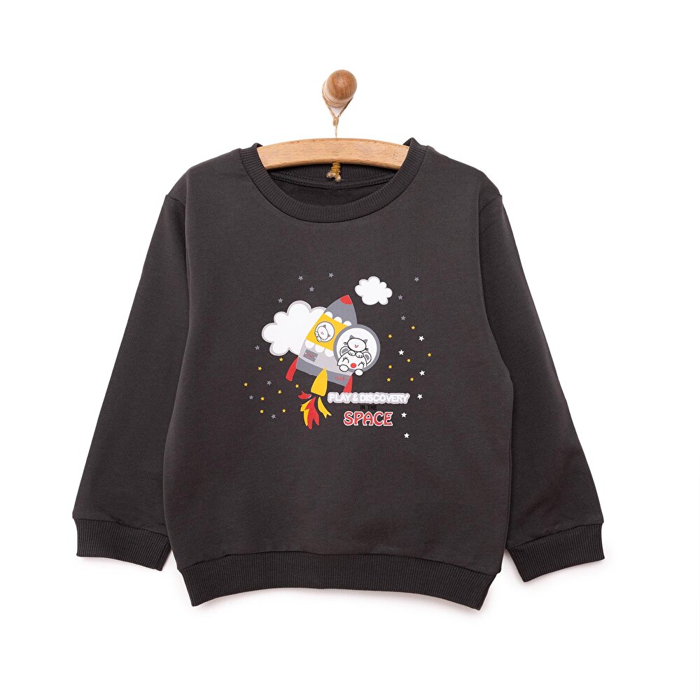 Erkek Bebek Sweatshirt Şardonlu Çıtçıtlı Bisiklet Yaka Uzun Kol Koyu Gri