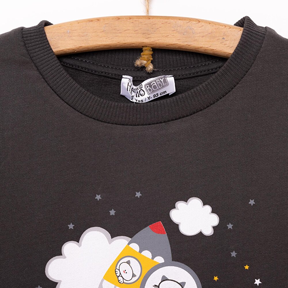 Erkek Bebek Sweatshirt Şardonlu Çıtçıtlı Bisiklet Yaka Uzun Kol Koyu Gri