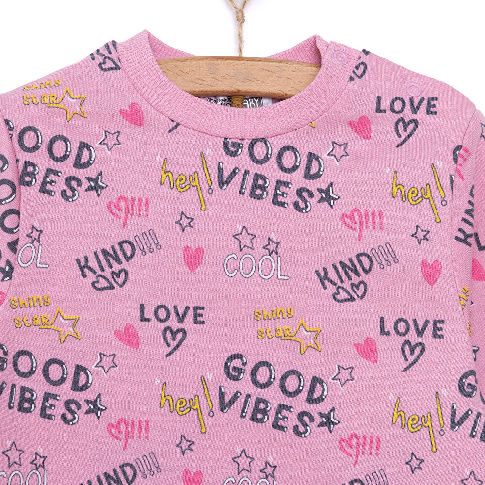Kız Bebek Sweatshirt Kalp Desenli Şardonlu Çıtçıtlı Bisiklet Yaka Uzun Kol Desenli