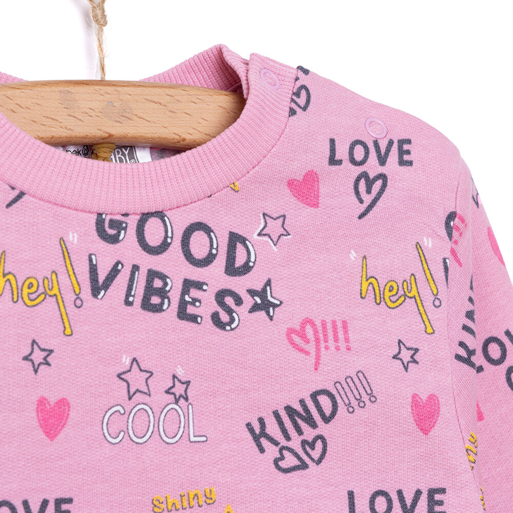 Kız Bebek Sweatshirt Kalp Desenli Şardonlu Çıtçıtlı Bisiklet Yaka Uzun Kol Desenli