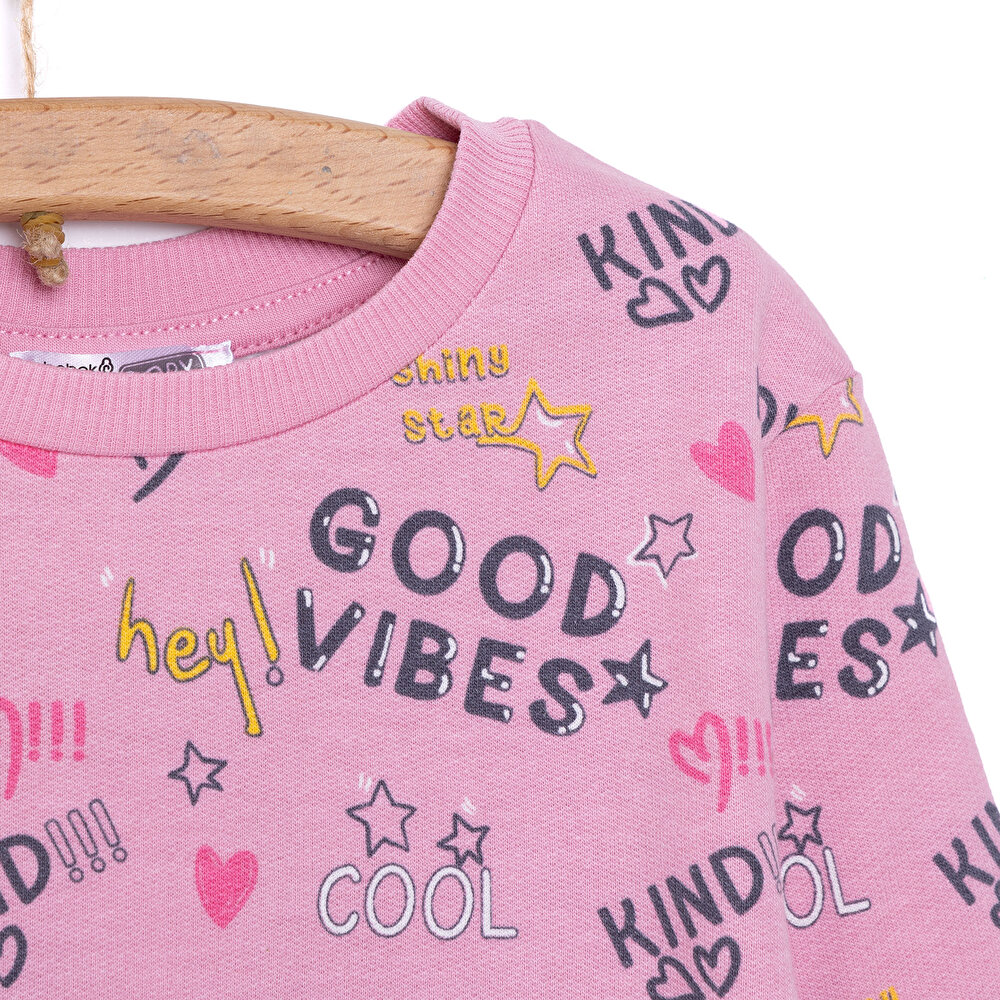 Kız Bebek Sweatshirt Kalp Desenli Şardonlu Çıtçıtlı Bisiklet Yaka Uzun Kol Desenli