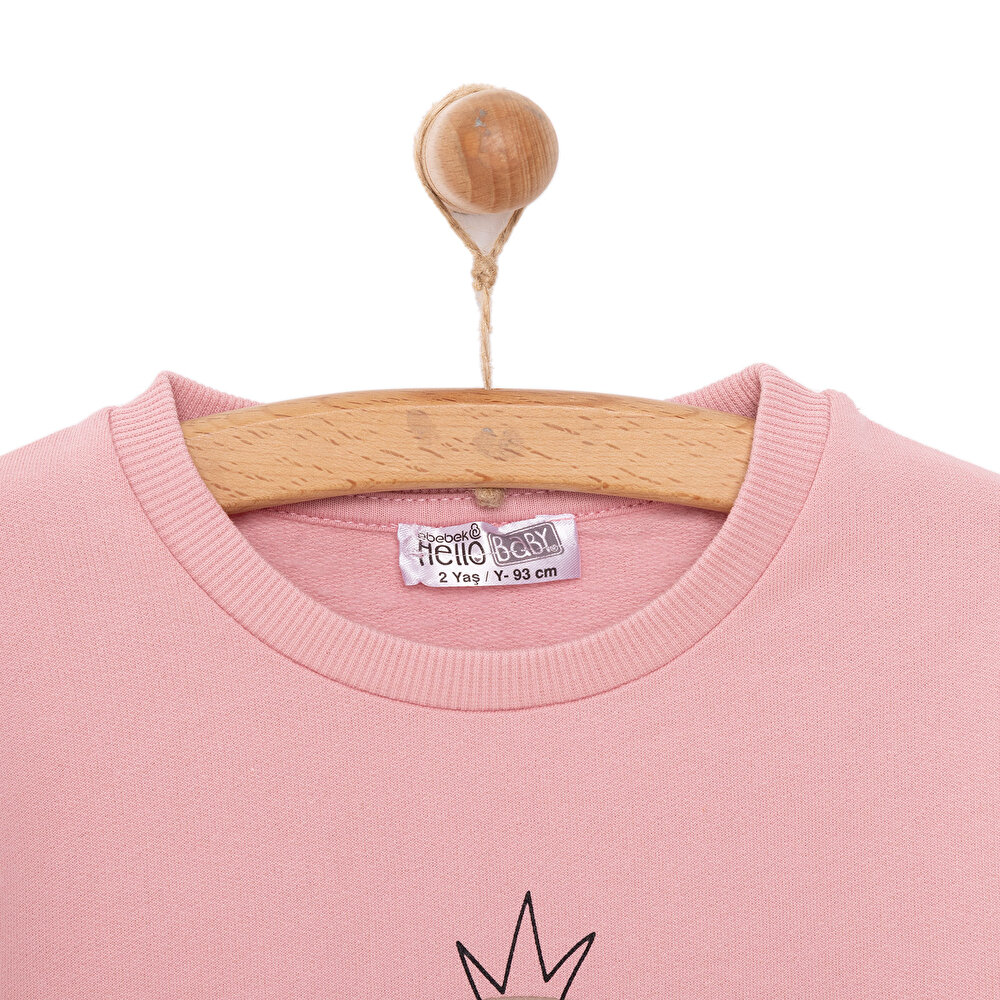 Kız Bebek Sweatshirt Şardonlu Bisiklet Yaka Uzun Kol Pudra