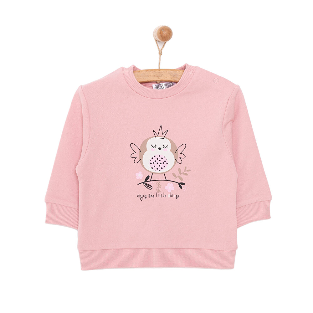 Kız Bebek Sweatshirt Şardonlu Bisiklet Yaka Uzun Kol Pudra