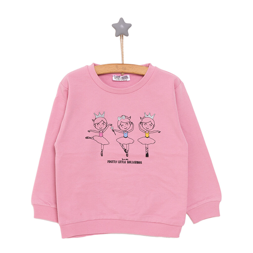 Kız Bebek Sweatshirt Şardonlu Balerin Desenli Bisiklet Yaka Uzun Kol Pembe