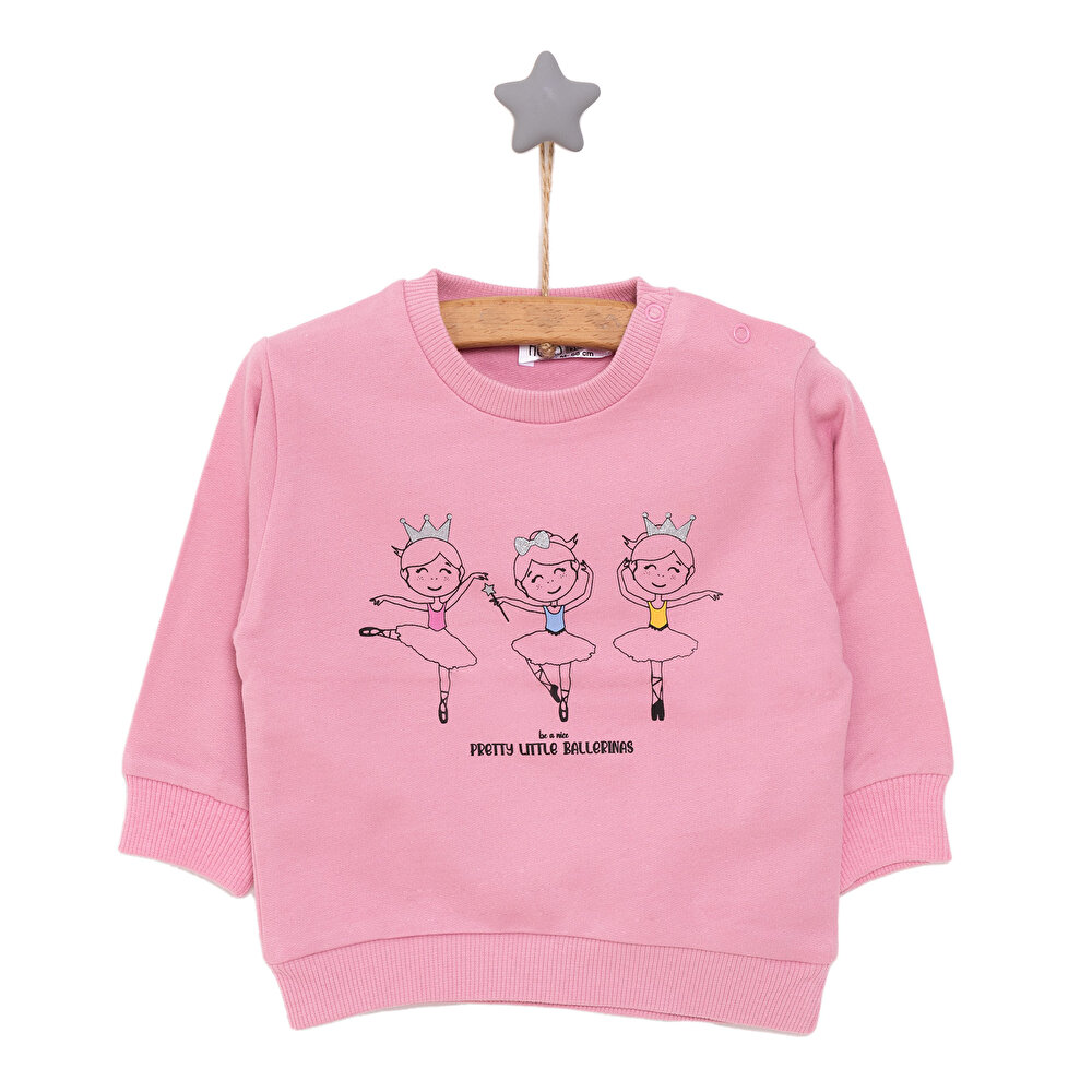 Kız Bebek Sweatshirt Şardonlu Balerin Desenli Bisiklet Yaka Uzun Kol Pembe