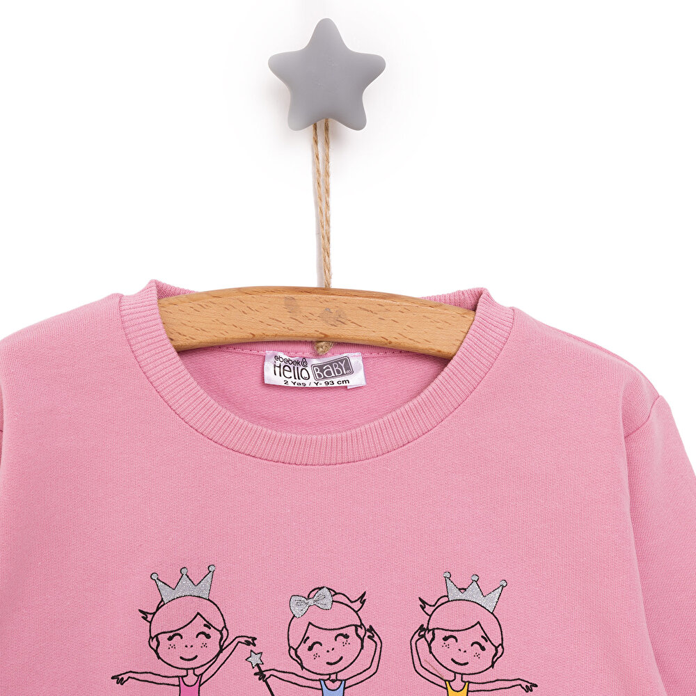 Kız Bebek Sweatshirt Şardonlu Balerin Desenli Bisiklet Yaka Uzun Kol Pembe