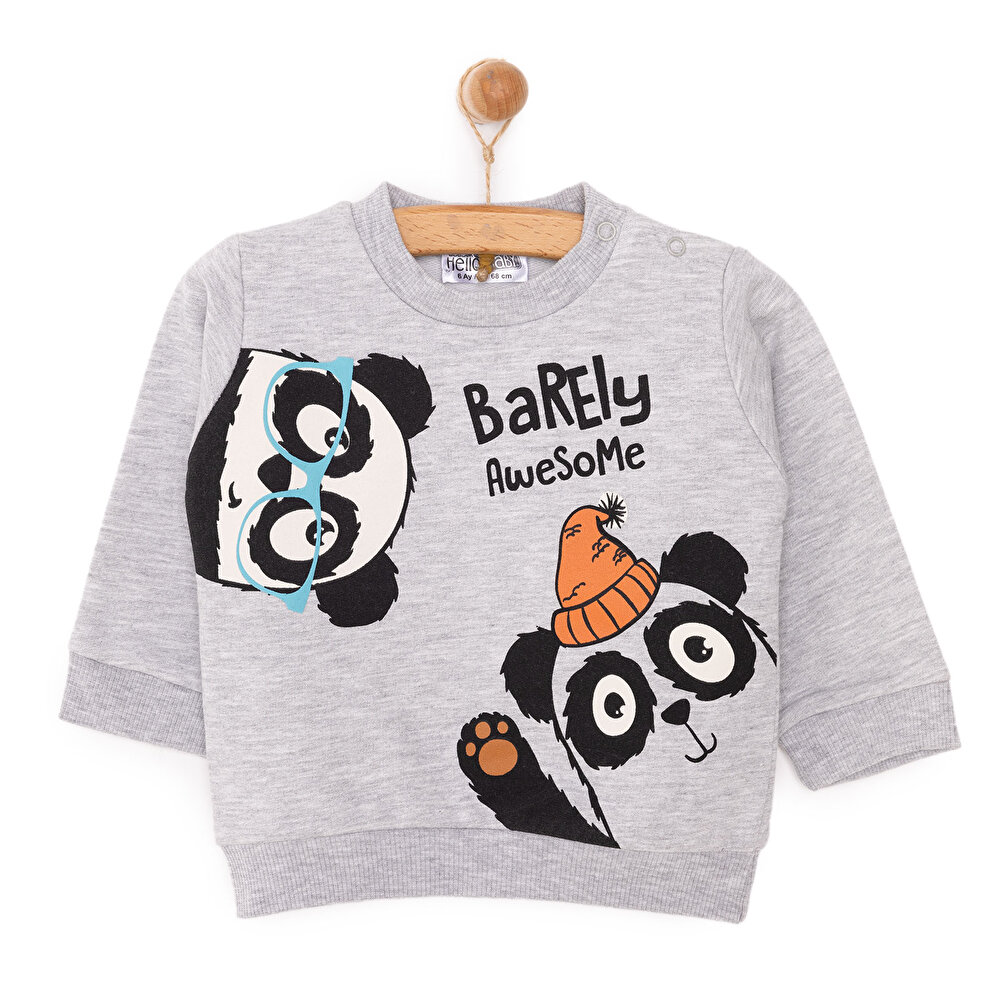 Erkek Bebek Sweatshirt Bearly Awesome Baskılı Çıtçıtlı Bisiklet Yaka Uzun Kol Gri Melanj