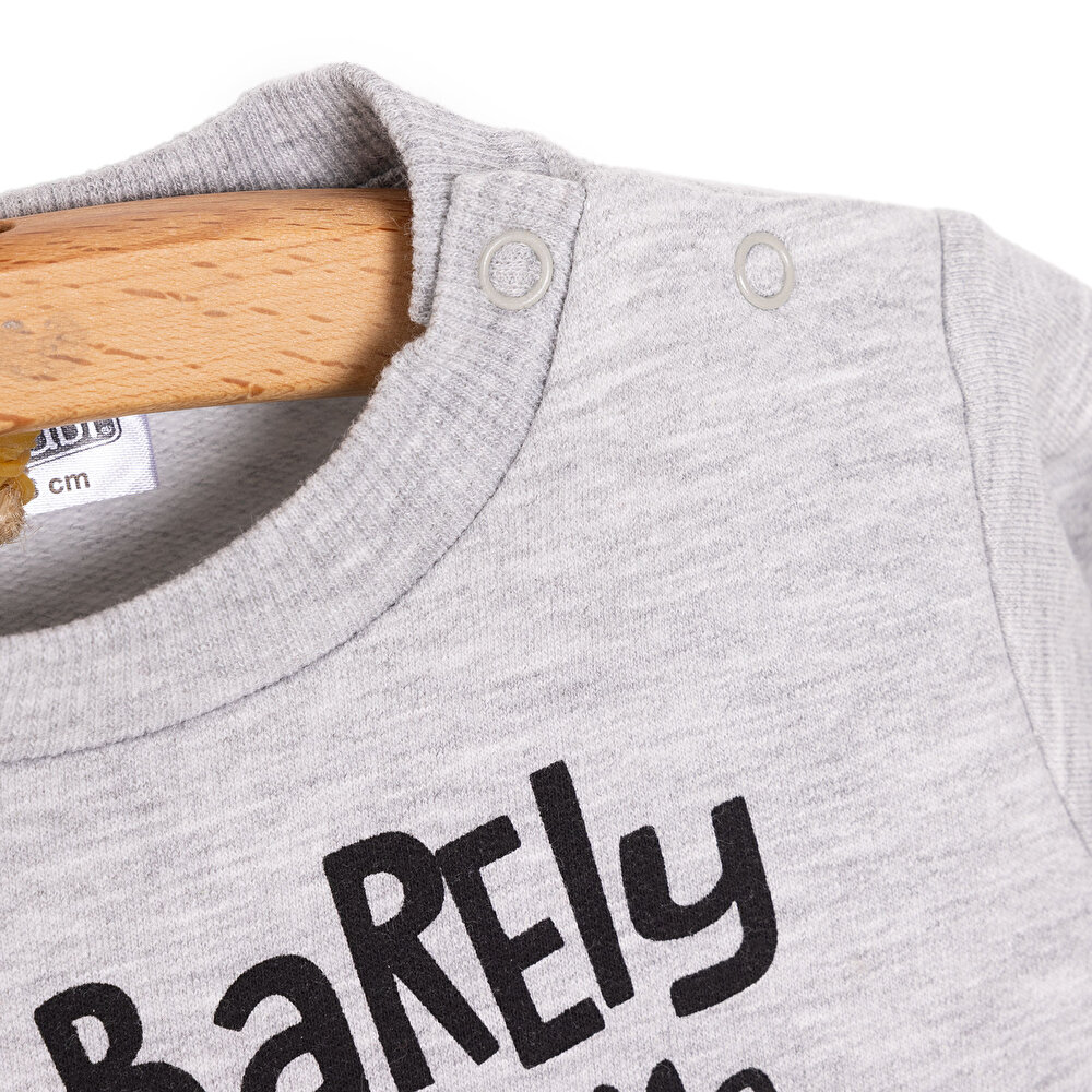 Erkek Bebek Sweatshirt Bearly Awesome Baskılı Çıtçıtlı Bisiklet Yaka Uzun Kol Gri Melanj