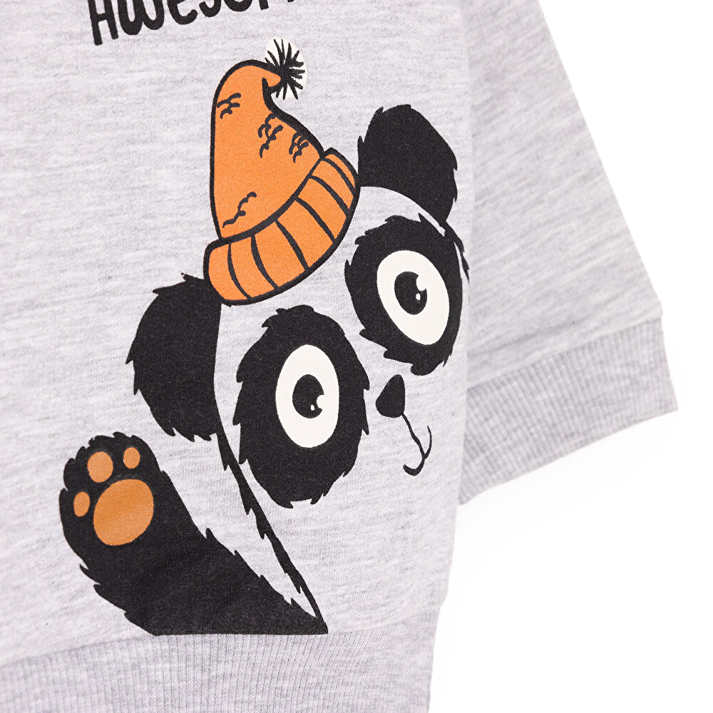 Erkek Bebek Sweatshirt Bearly Awesome Baskılı Çıtçıtlı Bisiklet Yaka Uzun Kol Gri Melanj