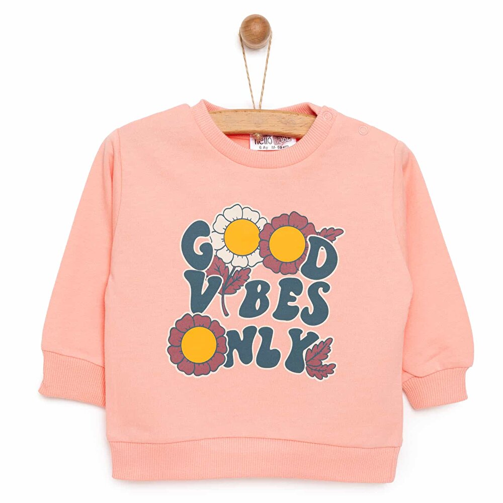 Basic Az Şardonlu Çiçekli Yazı Desenli Sweatshirt Kız Bebek