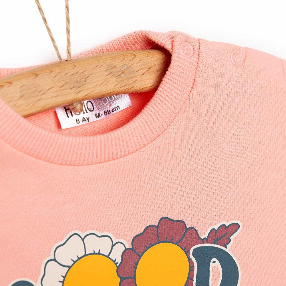 Basic Az Şardonlu Çiçekli Yazı Desenli Sweatshirt Kız Bebek