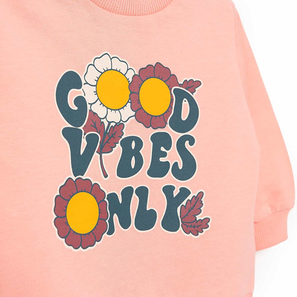 Basic Az Şardonlu Çiçekli Yazı Desenli Sweatshirt Kız Bebek