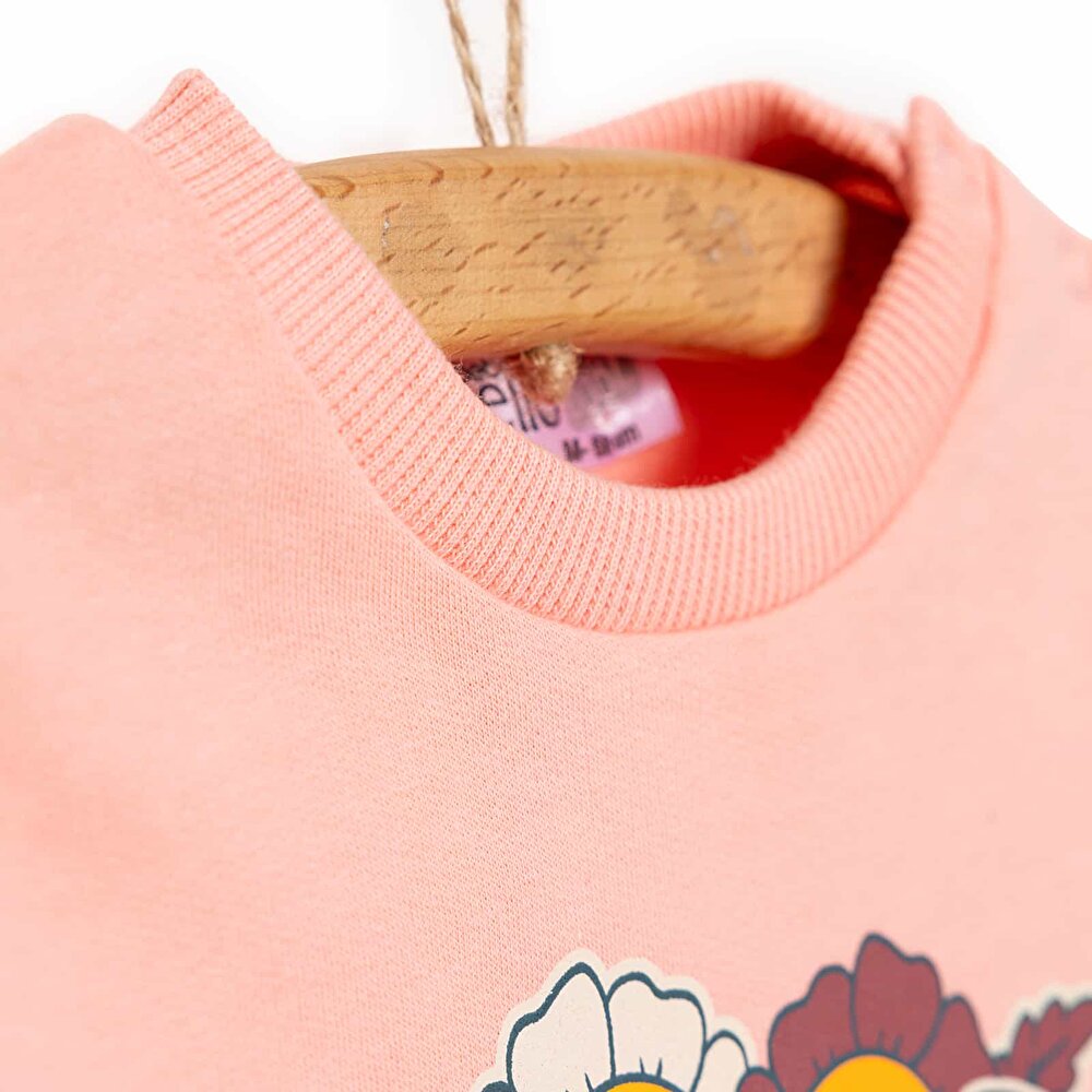 Basic Az Şardonlu Çiçekli Yazı Desenli Sweatshirt Kız Bebek