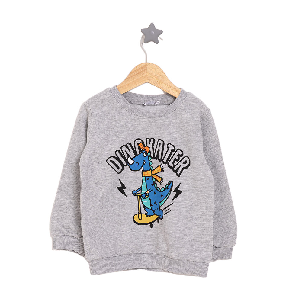 Erkek Bebek Sweatshirt Şardonlu Dinokater Desenli Bisiklet Yaka Uzun Kol