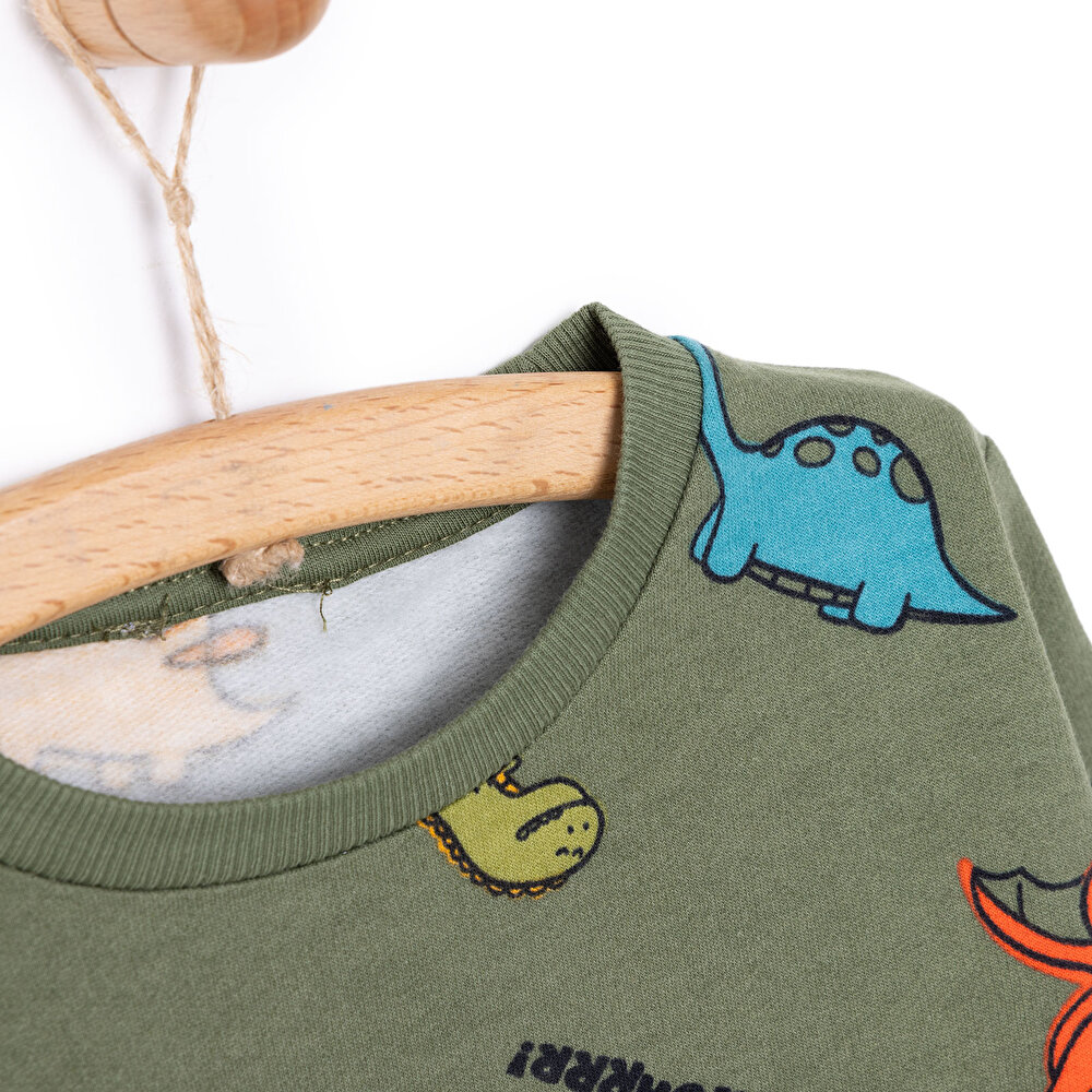 Erkek Bebek Sweatshirt Şardonlu Çıtçıtlı Dinozor Desenli Bisiklet Yaka Uzun Kol Desenli