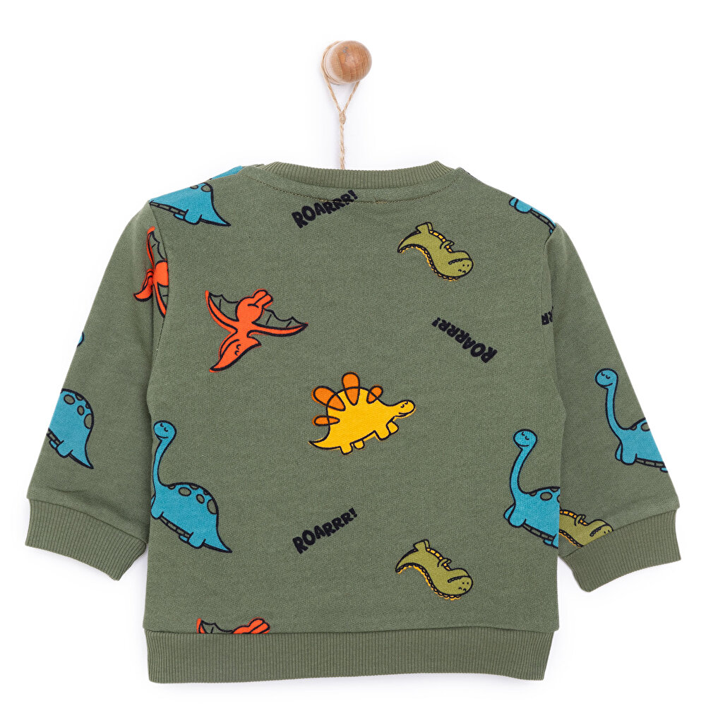 Erkek Bebek Sweatshirt Şardonlu Çıtçıtlı Dinozor Desenli Bisiklet Yaka Uzun Kol Desenli