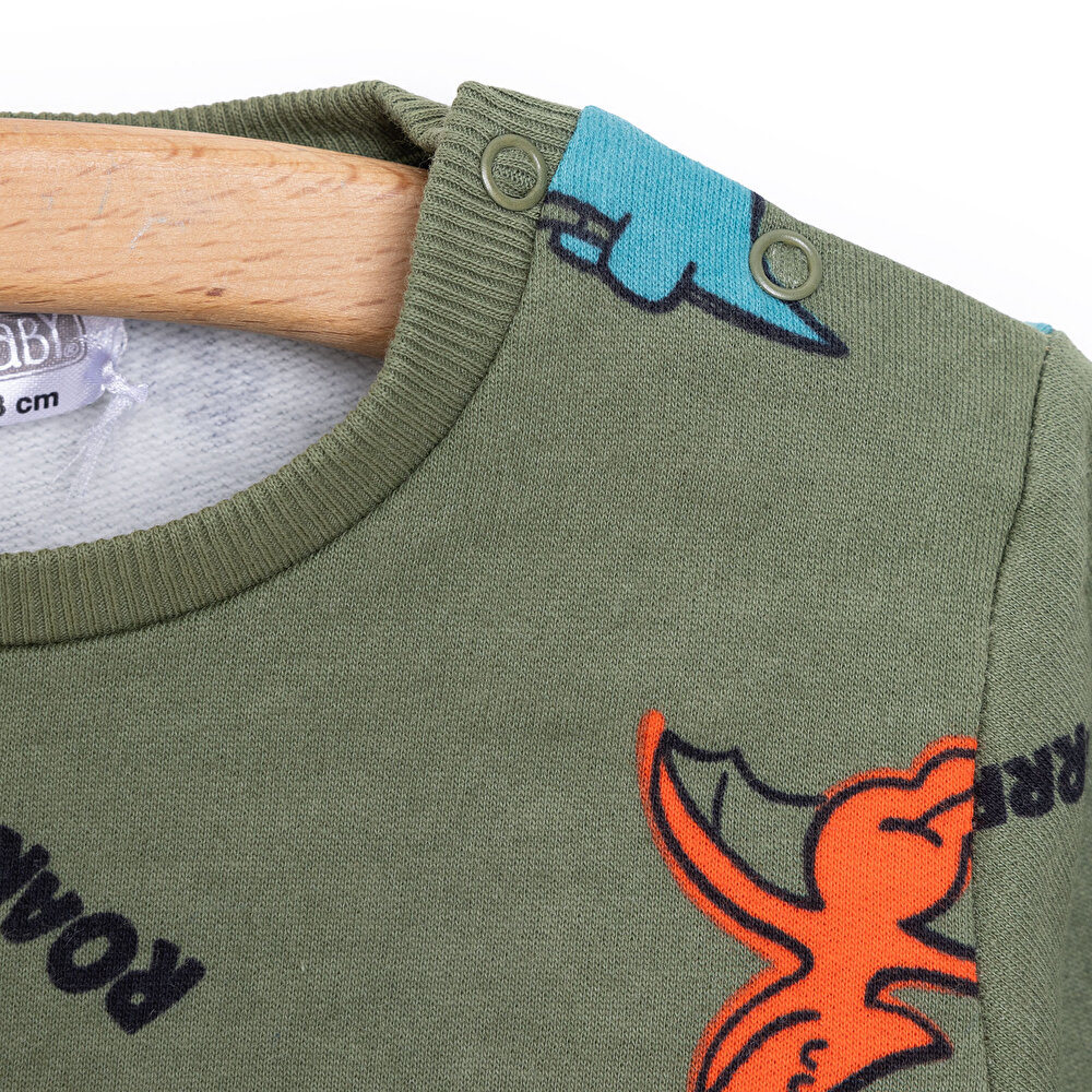 Erkek Bebek Sweatshirt Şardonlu Çıtçıtlı Dinozor Desenli Bisiklet Yaka Uzun Kol Desenli