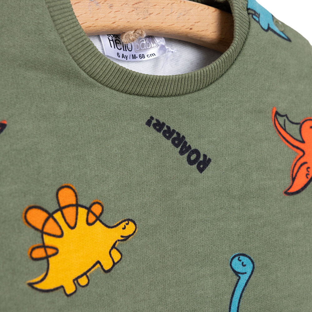 Erkek Bebek Sweatshirt Şardonlu Çıtçıtlı Dinozor Desenli Bisiklet Yaka Uzun Kol Desenli