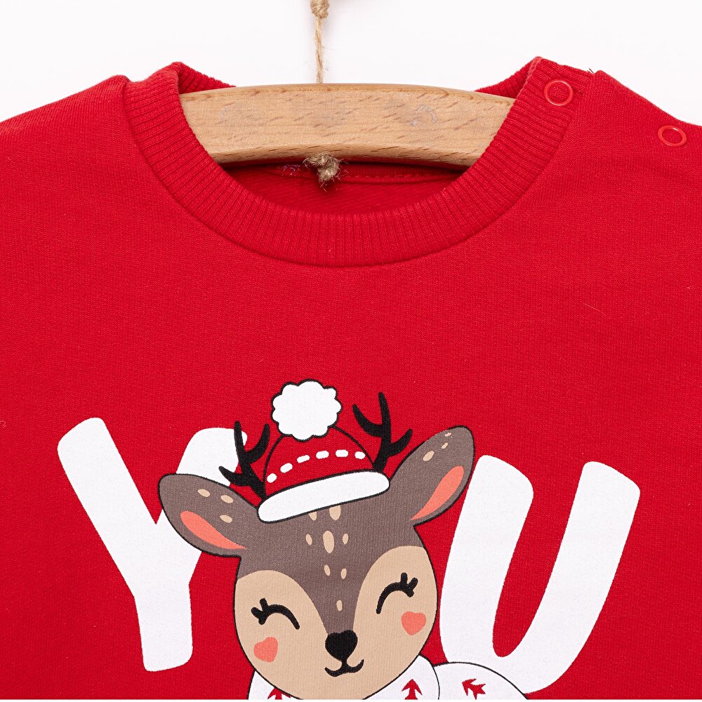Basic Az Şardonlu Geyik Desenli Sweatshirt Kız Bebek