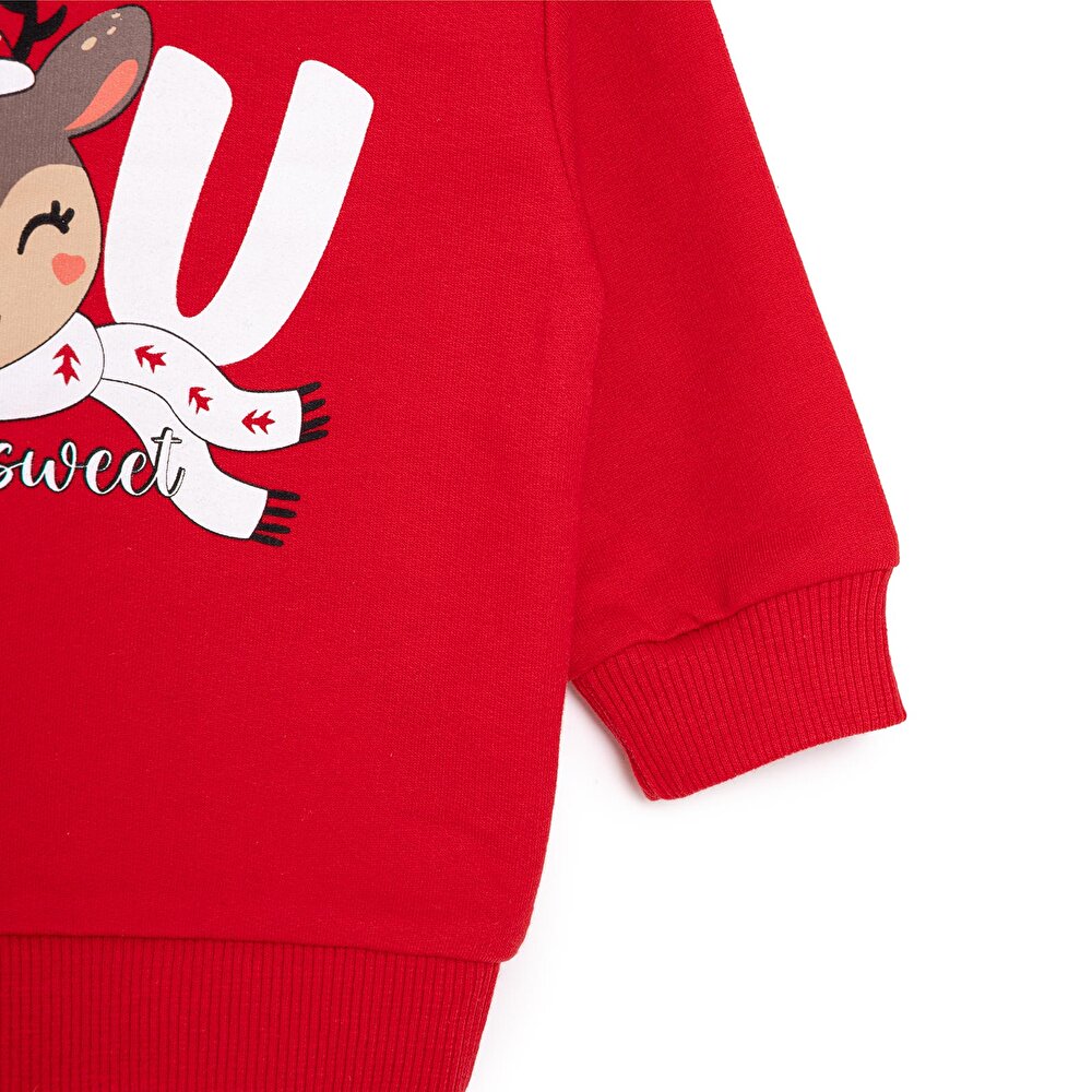 Basic Az Şardonlu Geyik Desenli Sweatshirt Kız Bebek