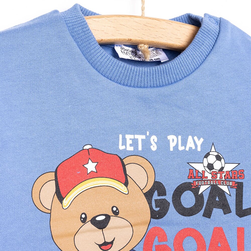 Erkek Bebek Sweatshirt Şardonlu Goal Baskılı Çıtçıtlı Bisiklet Yaka Uzun Kol Mavi