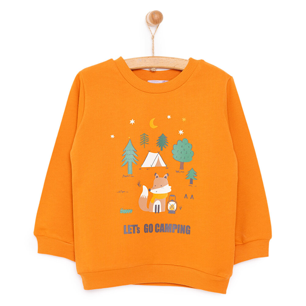 Erkek Bebek Sweatshirt Şardonlu Kamp Temalı Çıtçıtlı Bisiklet Yaka Uzun Kol Turuncu