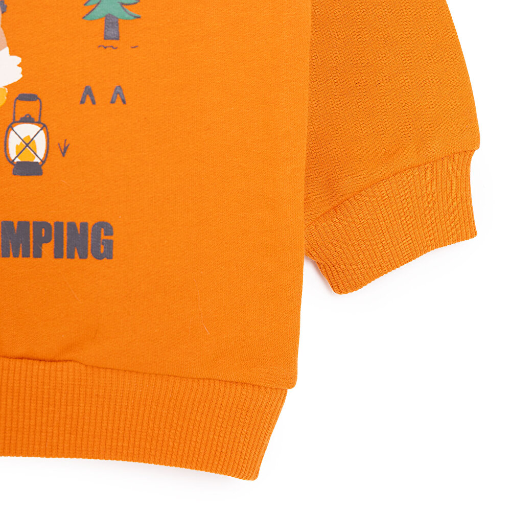 Erkek Bebek Sweatshirt Şardonlu Kamp Temalı Çıtçıtlı Bisiklet Yaka Uzun Kol Turuncu