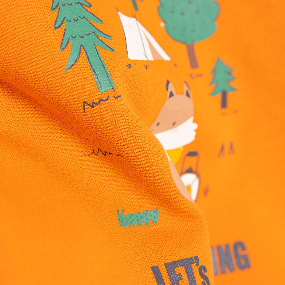 Erkek Bebek Sweatshirt Şardonlu Kamp Temalı Çıtçıtlı Bisiklet Yaka Uzun Kol Turuncu