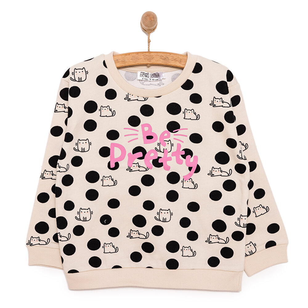 Basic Az Şardonlu  Kedi Desenli Puantiyeli Sweatshirt Kız Bebek Bisiklet Yaka Uzun Kol