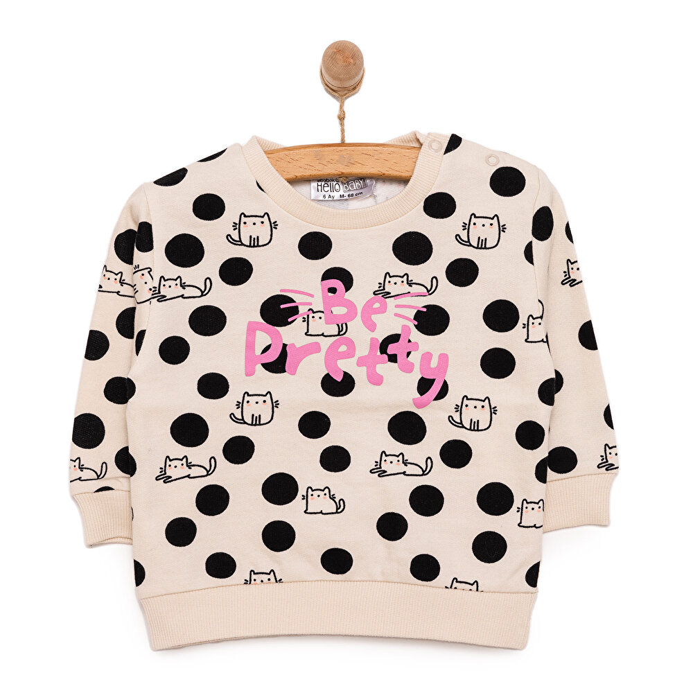 Basic Az Şardonlu Kedi Desenli Puantiyeli Sweatshirt Kız Bebek Bisiklet Yaka Uzun Kol