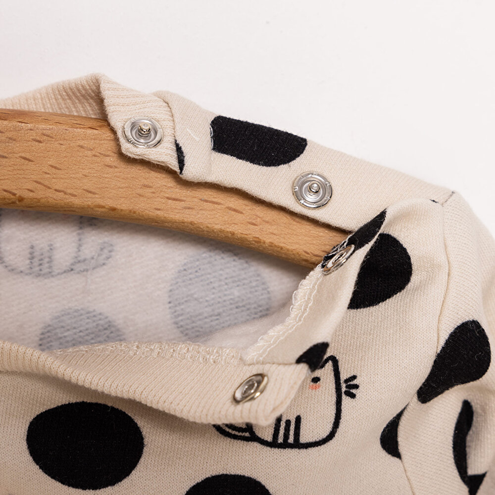 Basic Az Şardonlu Kedi Desenli Puantiyeli Sweatshirt Kız Bebek Bisiklet Yaka Uzun Kol