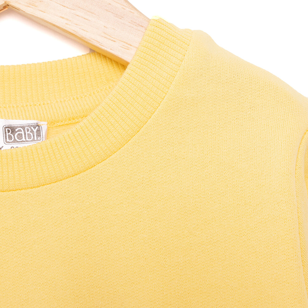 Kız Bebek Sweatshirt Şardonlu Kedi Desenli Çıtçıtlı Bisiklet Yaka Uzun Kol Açık Sarı