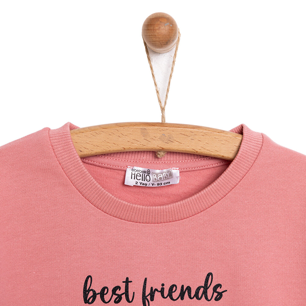 Kız Bebek Sweatshirt Şardonlu Kedi Desenli Bisiklet Yaka Uzun Kol Gül Kurusu