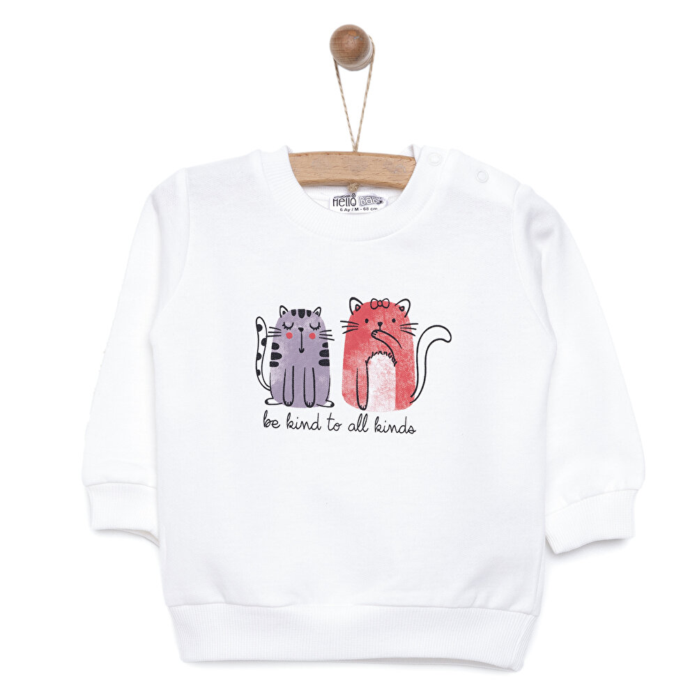 Kız Bebek Sweatshirt Şardonlu Kedi Desenli Bisiklet Yaka Uzun Kol Ekru