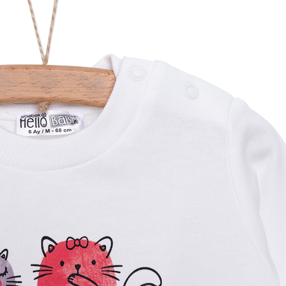 Kız Bebek Sweatshirt Şardonlu Kedi Desenli Bisiklet Yaka Uzun Kol Ekru