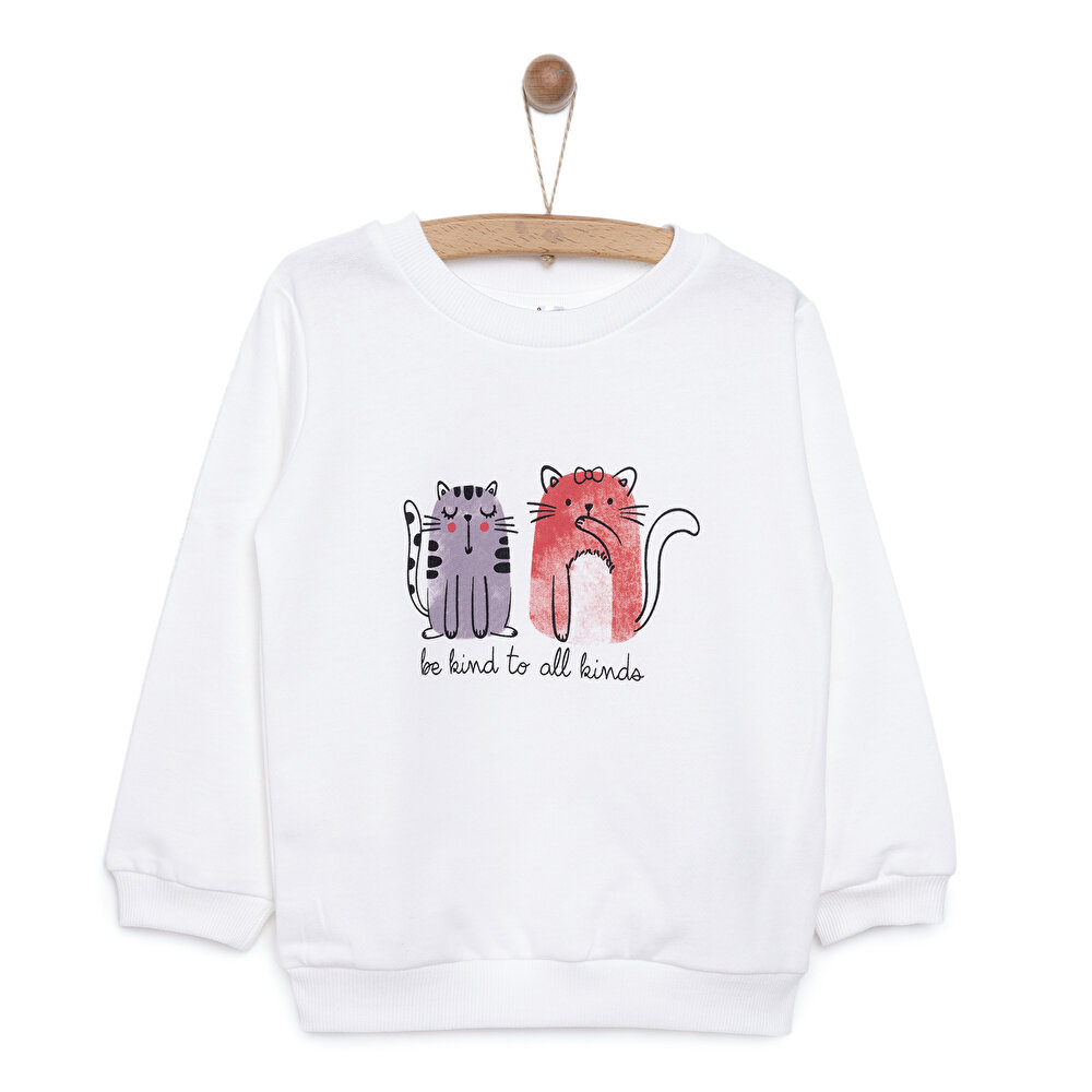 Kız Bebek Sweatshirt Şardonlu Kedi Desenli Bisiklet Yaka Uzun Kol Ekru