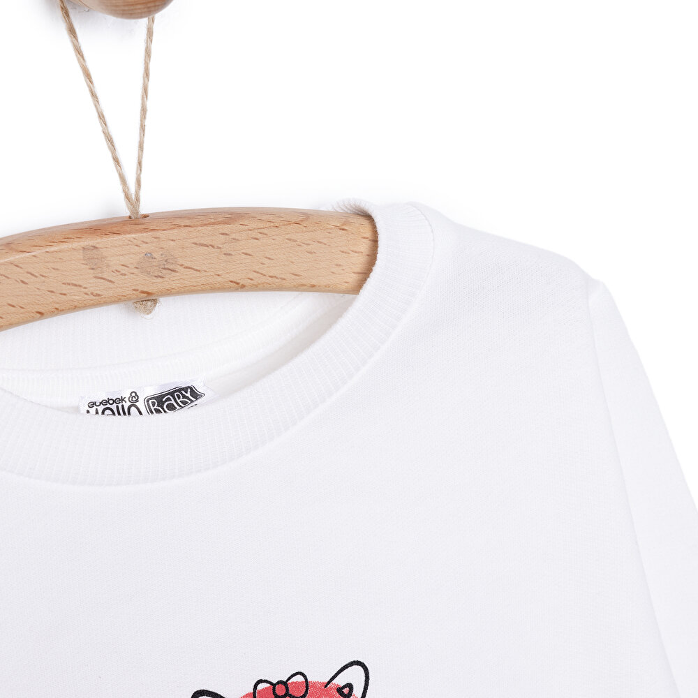 Kız Bebek Sweatshirt Şardonlu Kedi Desenli Bisiklet Yaka Uzun Kol Ekru