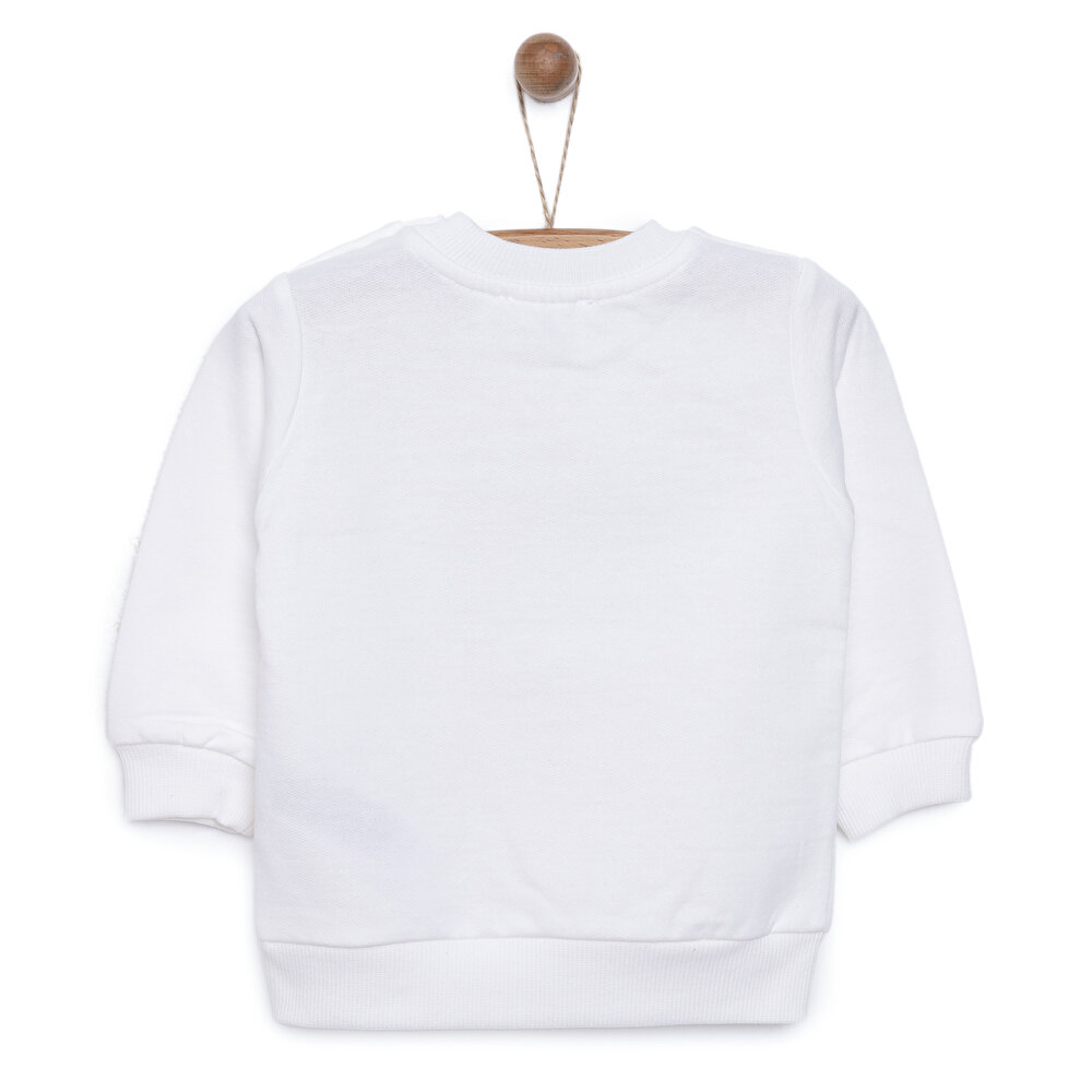 Kız Bebek Sweatshirt Şardonlu Kedi Desenli Bisiklet Yaka Uzun Kol Ekru