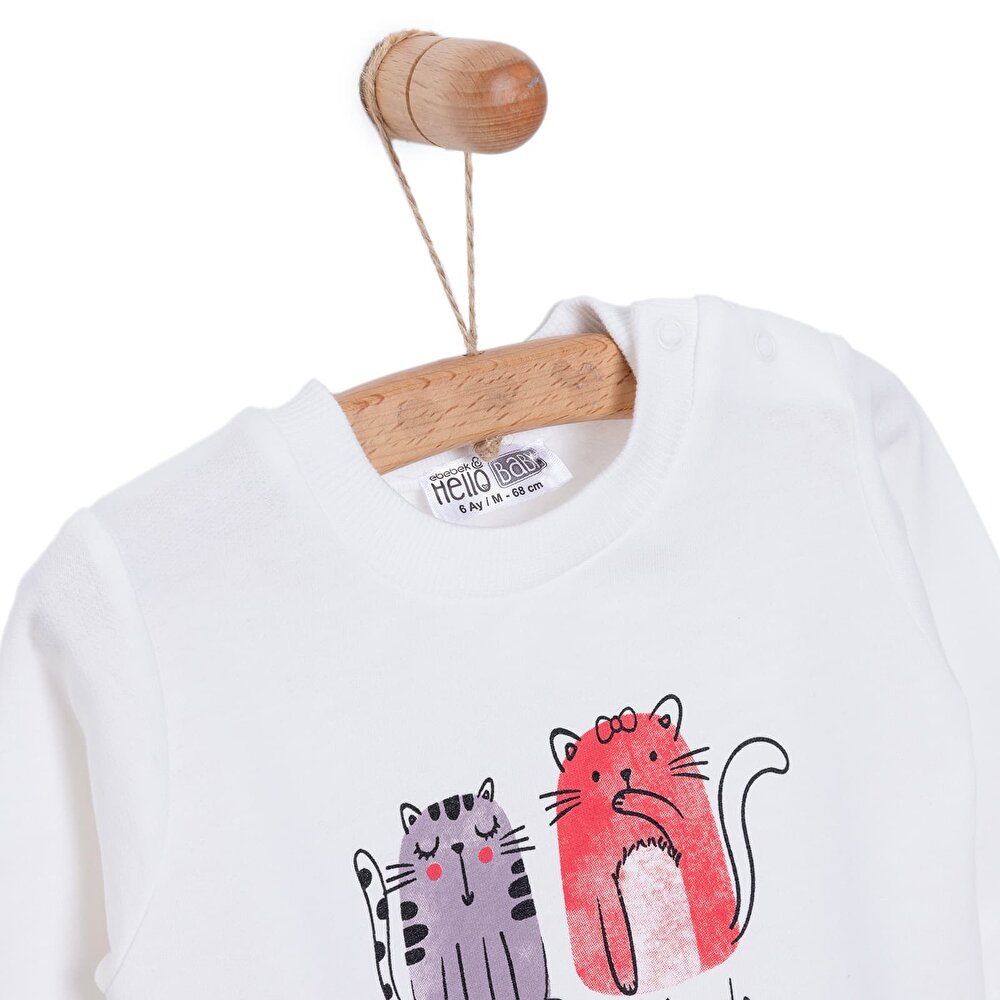 Kız Bebek Sweatshirt Şardonlu Kedi Desenli Bisiklet Yaka Uzun Kol Ekru