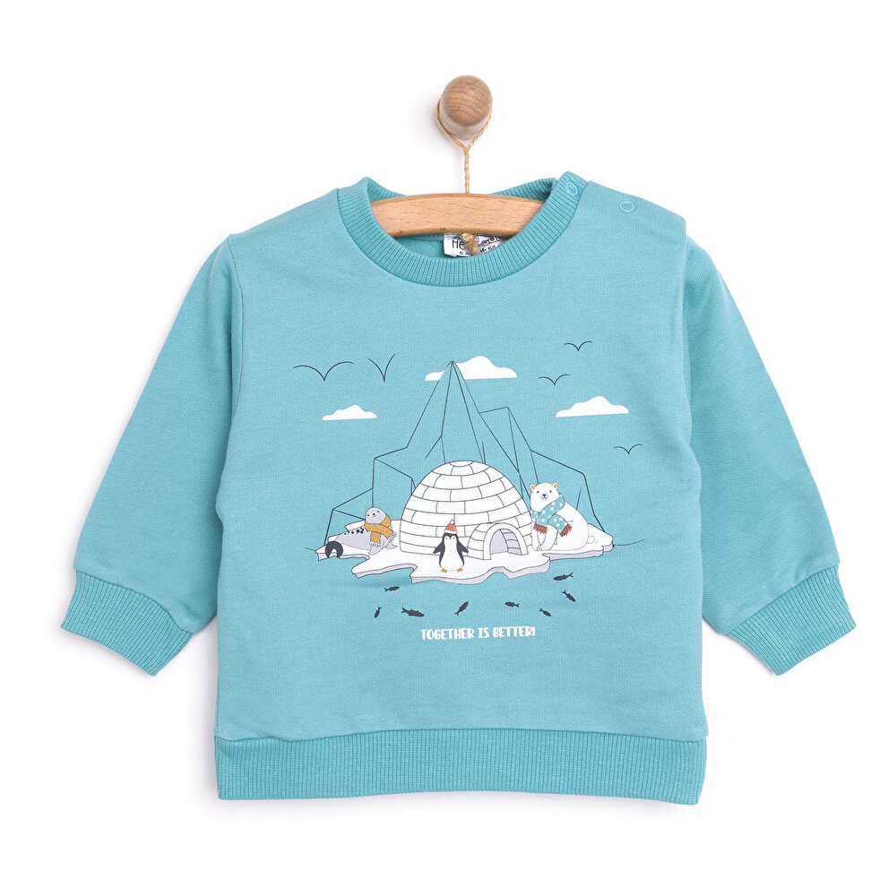 Erkek Bebek Sweatshirt Kutup Temalı Desen Çıtçıtlı Bisiklet Yaka Uzun Kol Turkuaz