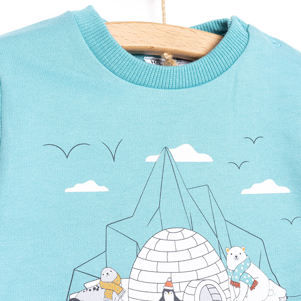 Erkek Bebek Sweatshirt Kutup Temalı Desen Çıtçıtlı Bisiklet Yaka Uzun Kol Turkuaz